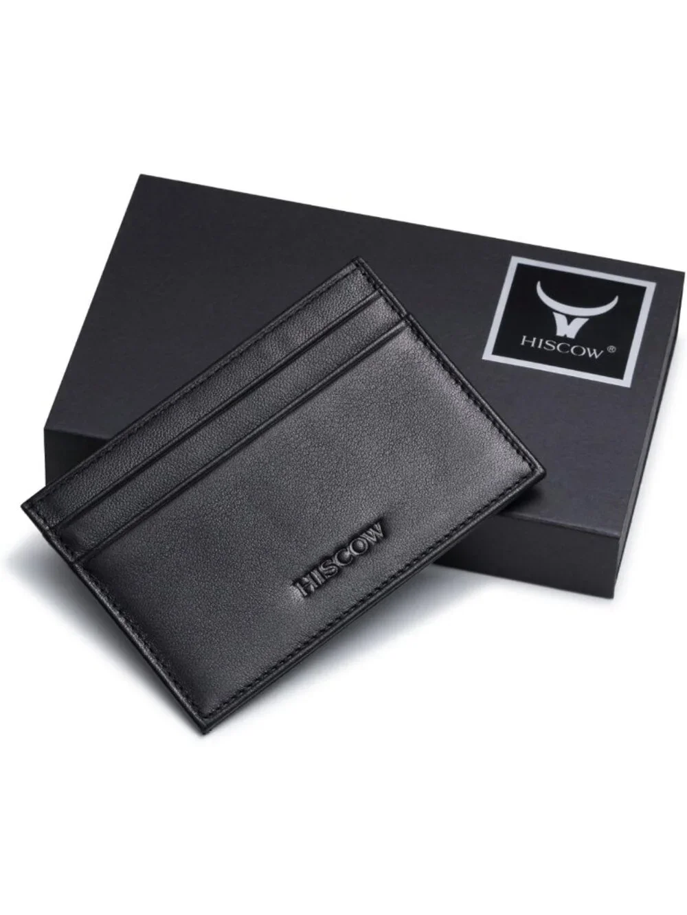 Slim Full Grain Leather Card Holder with ID Window - Stylish Black Wallet for